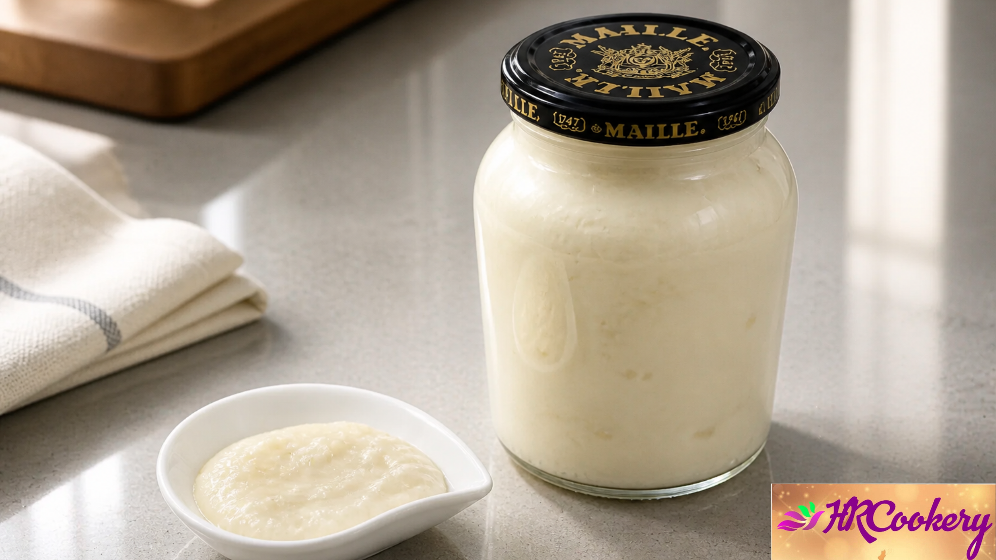 Creamy Lebanese garlic sauce (toum) in a jar with a small serving dish on a wooden board surrounded by fresh herbs and vegetables