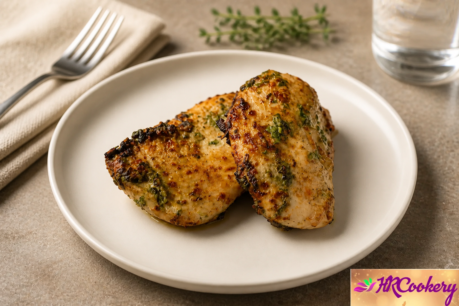 Cilantro lime marinated chicken breasts, pan-seared until golden brown and served on a white plate.