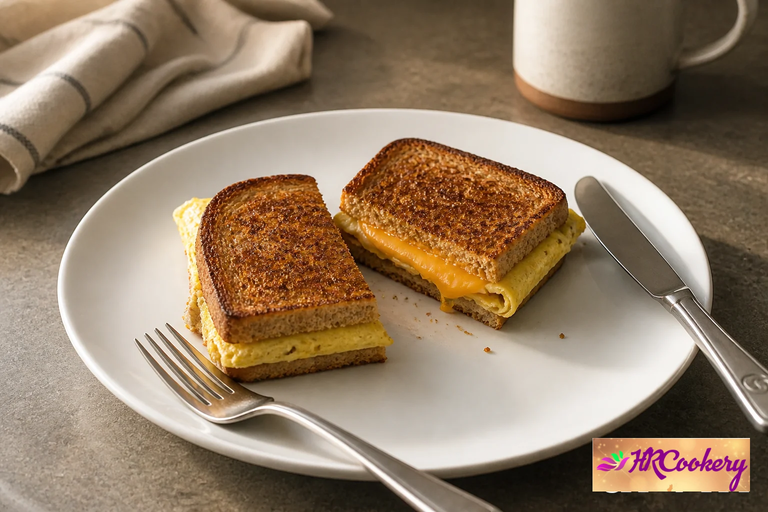 Golden-brown one-pan egg toast on a white plate.