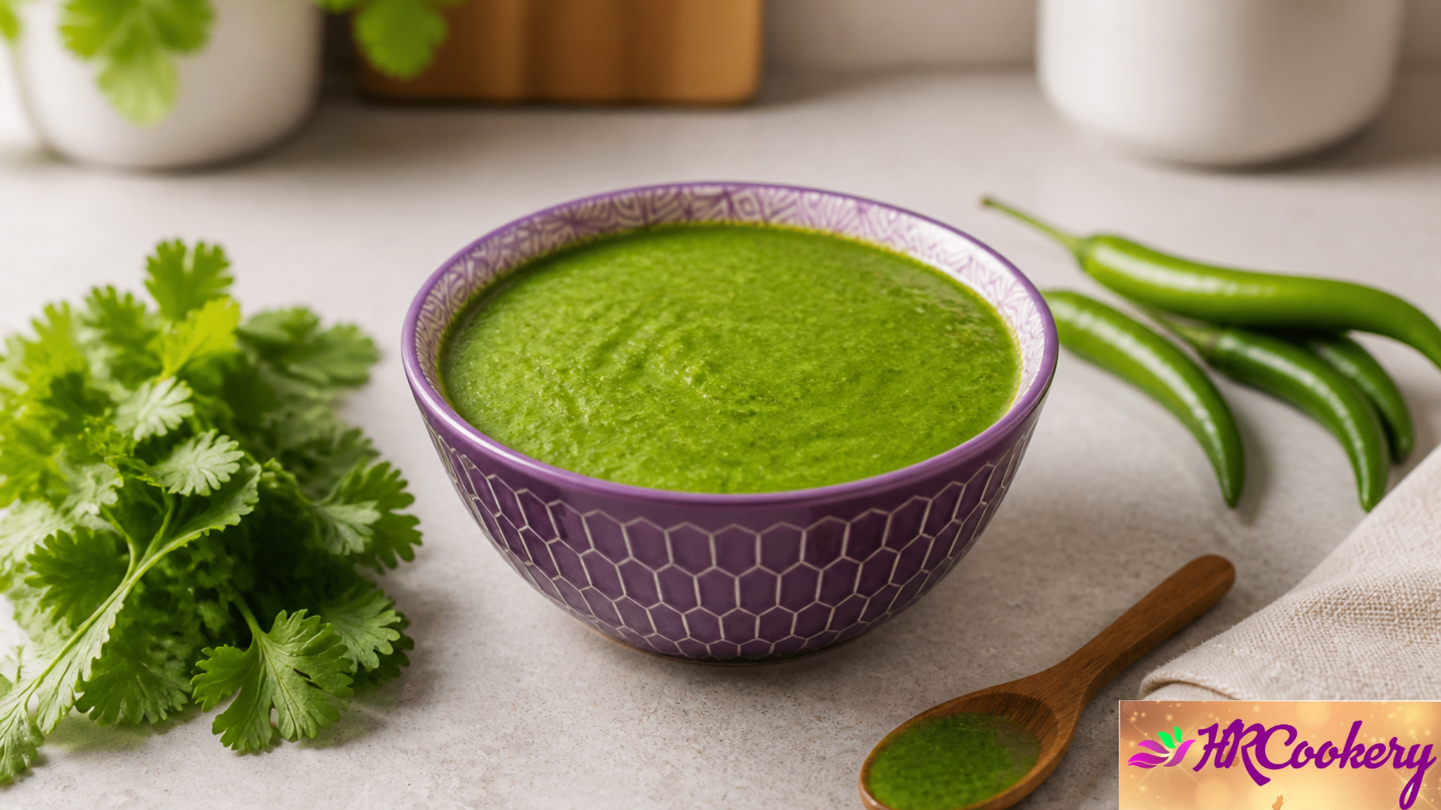 Fresh homemade green chutney made with cilantro, mint, green chilies, and lemon juice served in a small bowl.