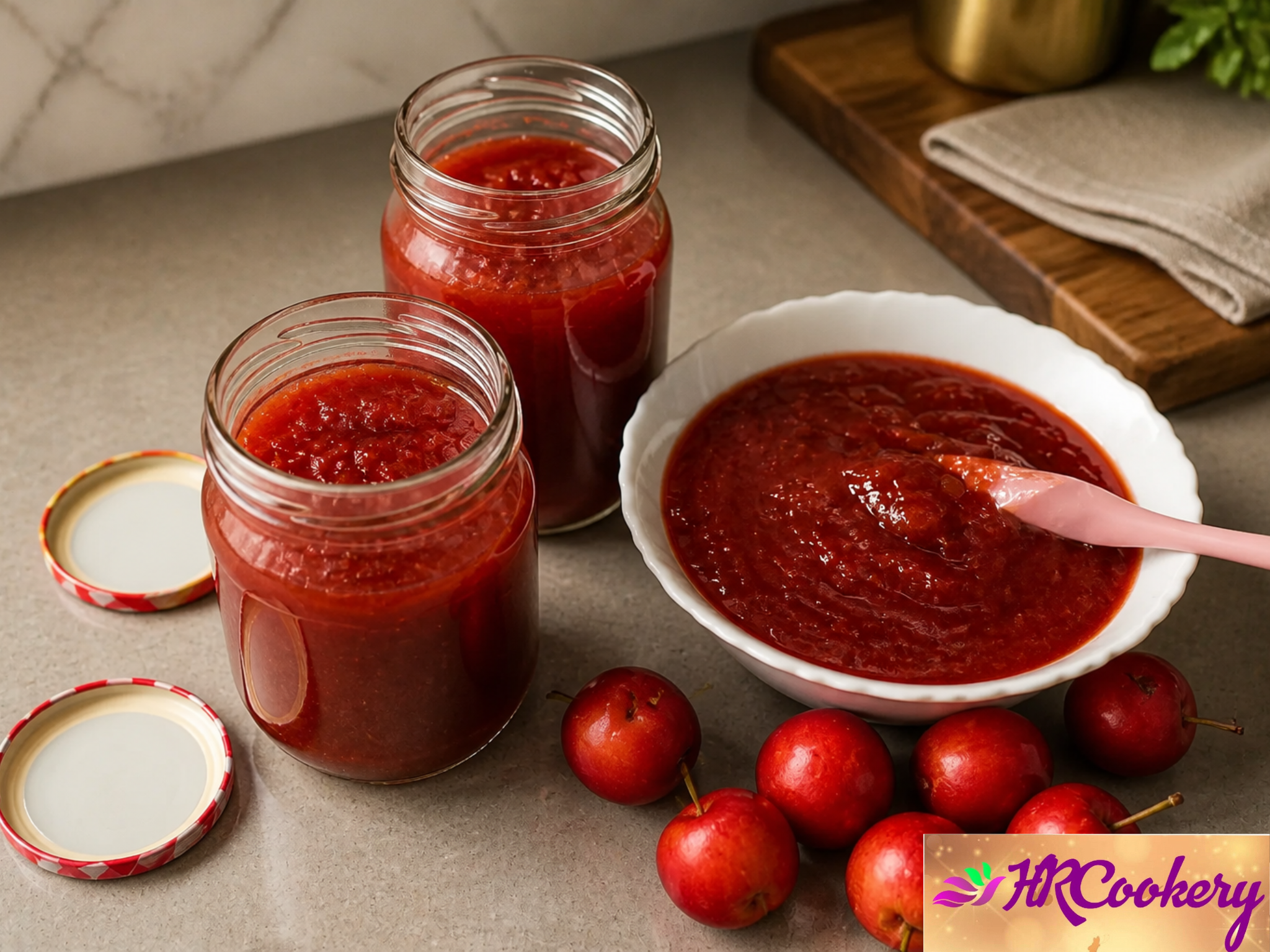 A jar of homemade apple jam with a spoon, surrounded by fresh apples and slices of toast on a rustic wooden table.