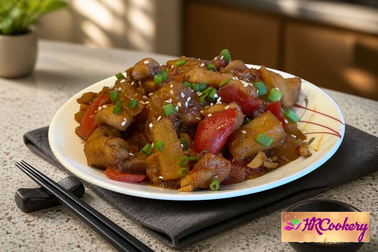 Juicy pineapple chicken pieces garnished with fresh green onions and served in a vibrant bowl, with pineapple chunks scattered around.