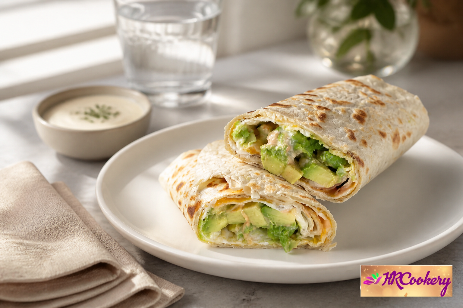 Eggs tortilla burrito cut in half with avocado, melted cheddar cheese, and fluffy eggs served on a white plate.