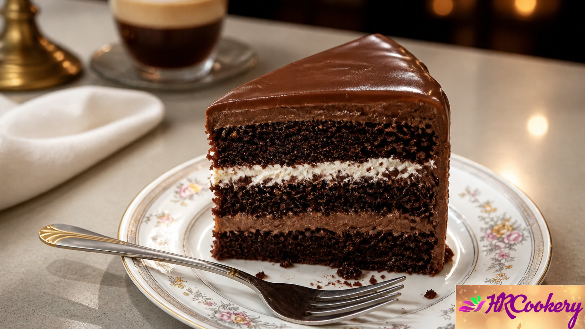 Slice of ultimate fudge chocolate layer cake with creamy frosting and ganache on a plate
