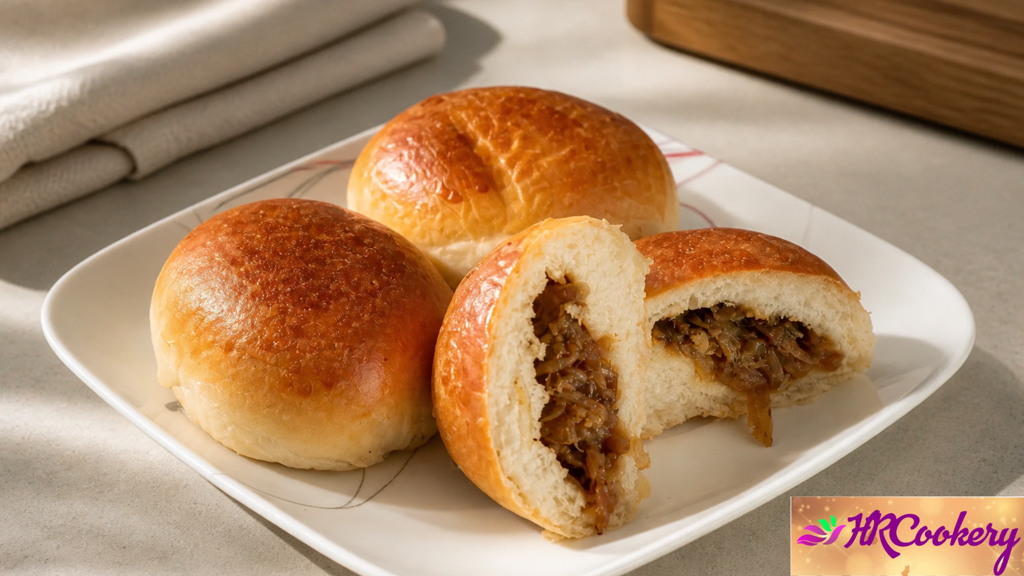 Golden brown Sri Lankan Seeni Sambol buns with soft fluffy bread and a sweet caramelized onion filling, served on a white plate.