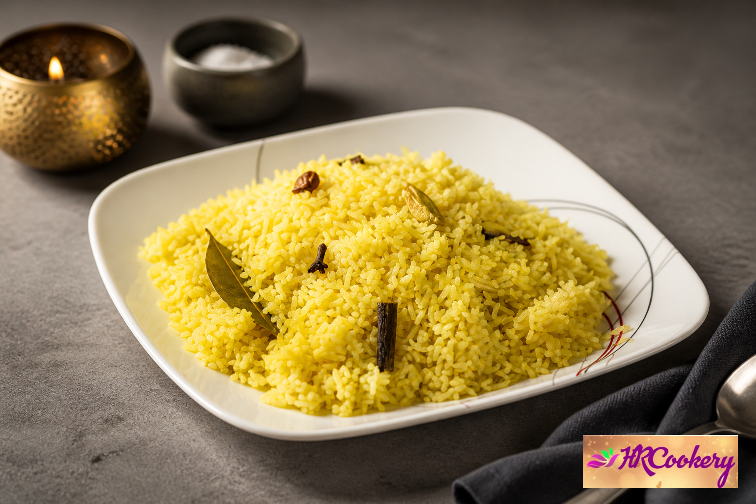 Sri Lankan yellow rice (Kaha Bath) made with coconut milk, turmeric, and whole spices served on a white plate.