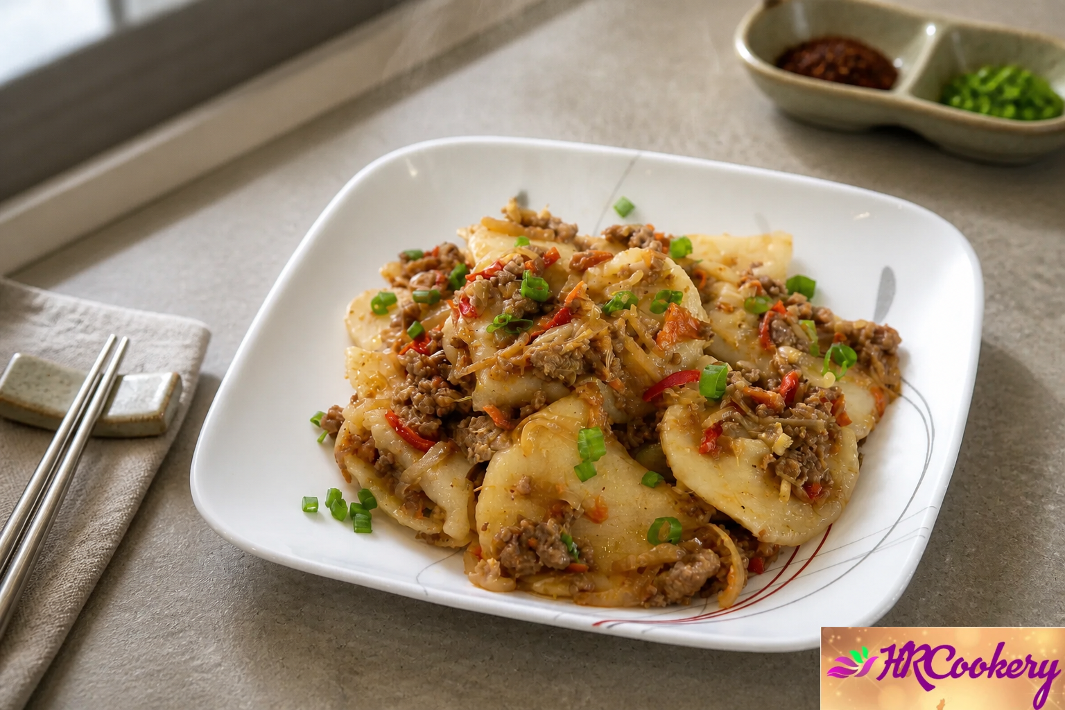 Thai-style frozen perogies stir fry with seasoned ground beef, shredded vegetables, red chilies, and chopped green onions served on a white plate.