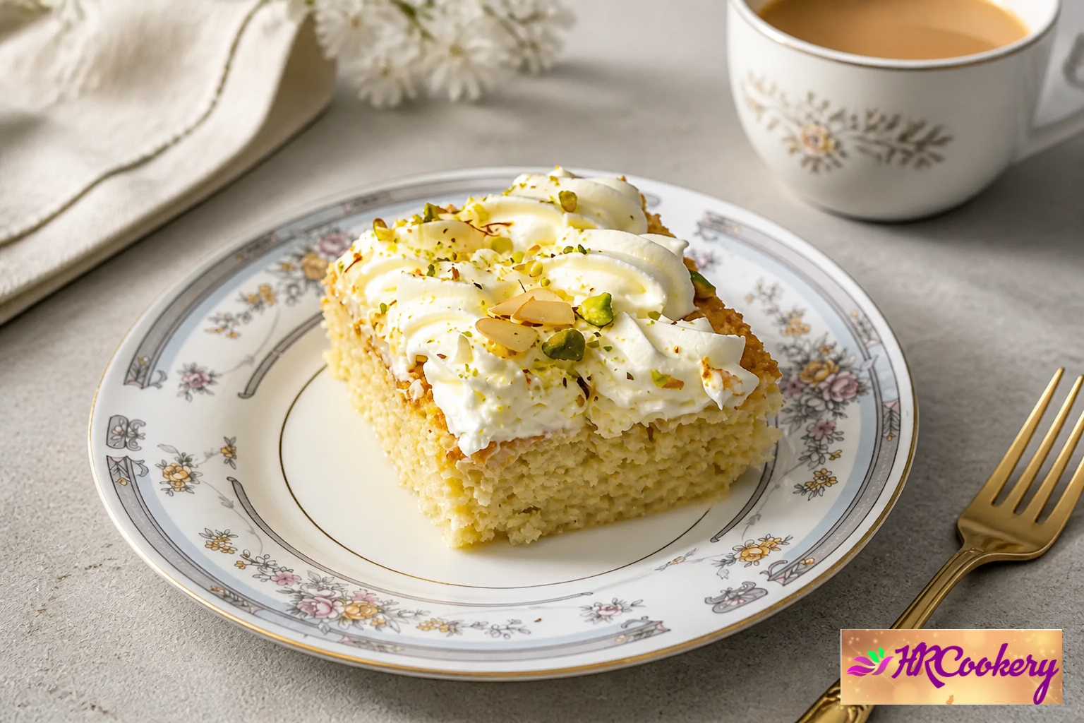Slice of Rasmalai Three Milk Cake topped with whipped cream, chopped pistachios, almonds, and saffron strands on a white plate.