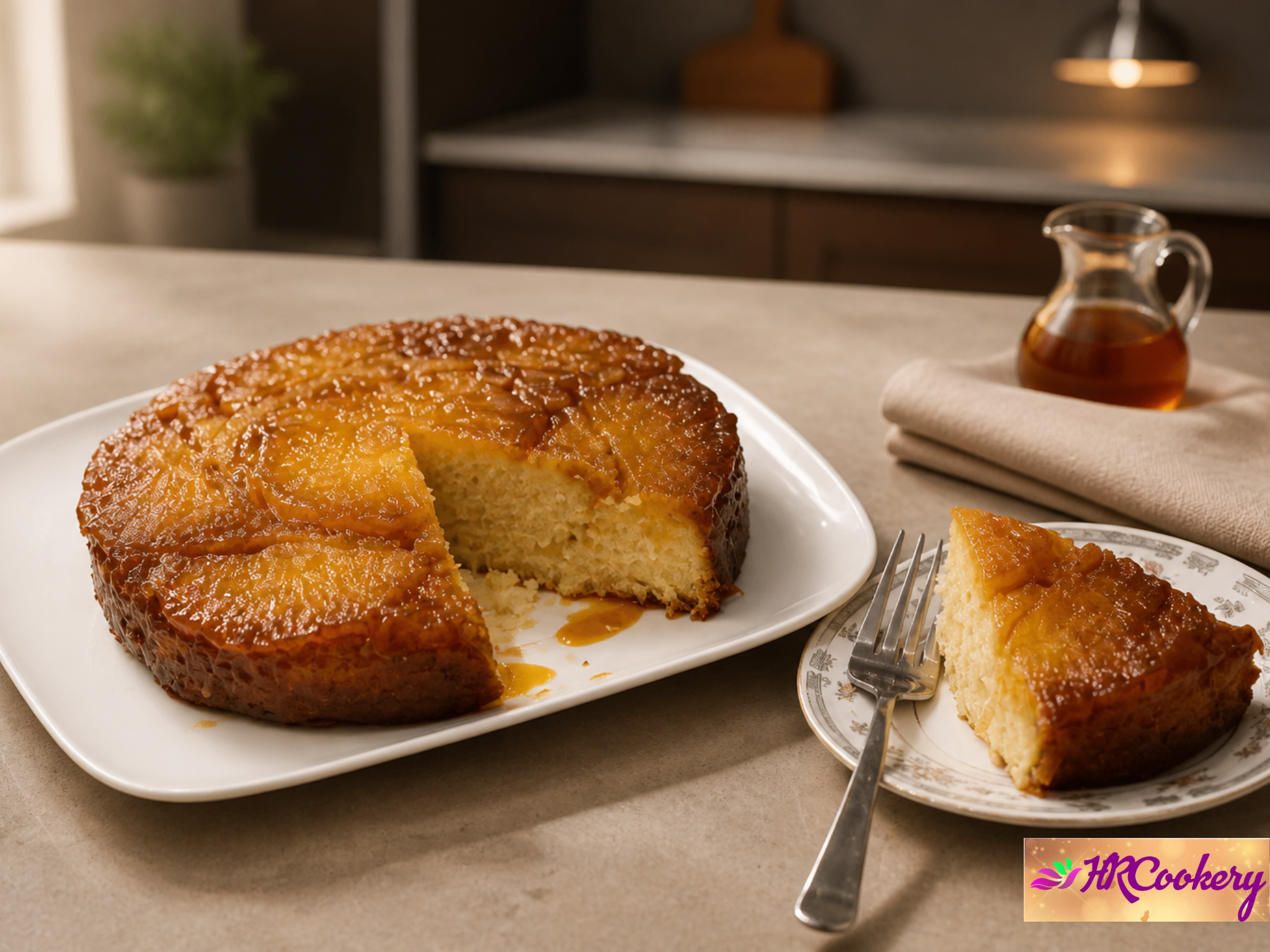 Homemade pineapple upside-down cake with caramelized pineapple rings and cherries on top
