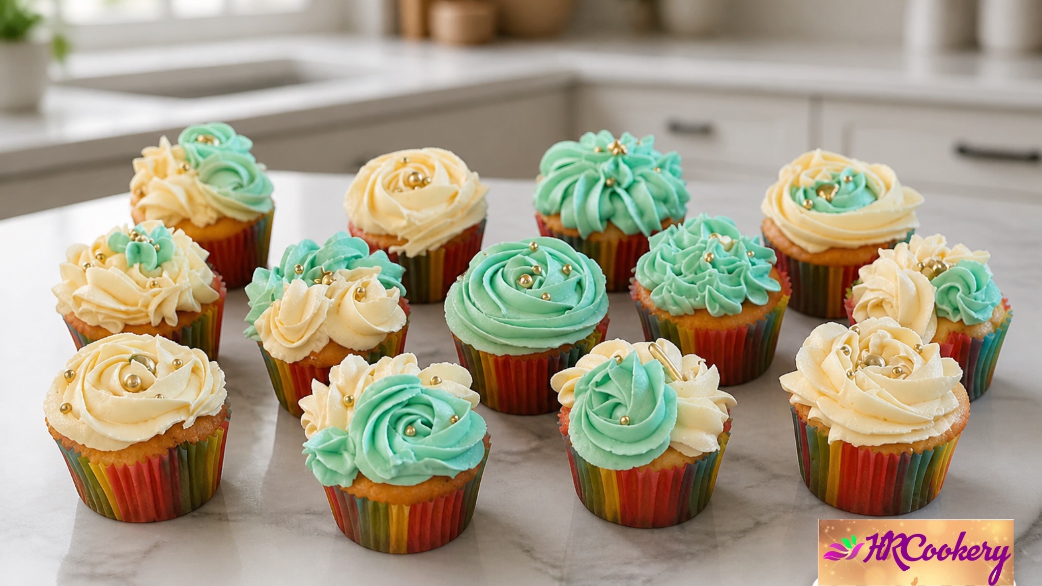 Homemade vanilla cupcakes decorated with blue and ivory buttercream frosting, gold sprinkles, and rainbow cupcake liners cooling on a wire rack.