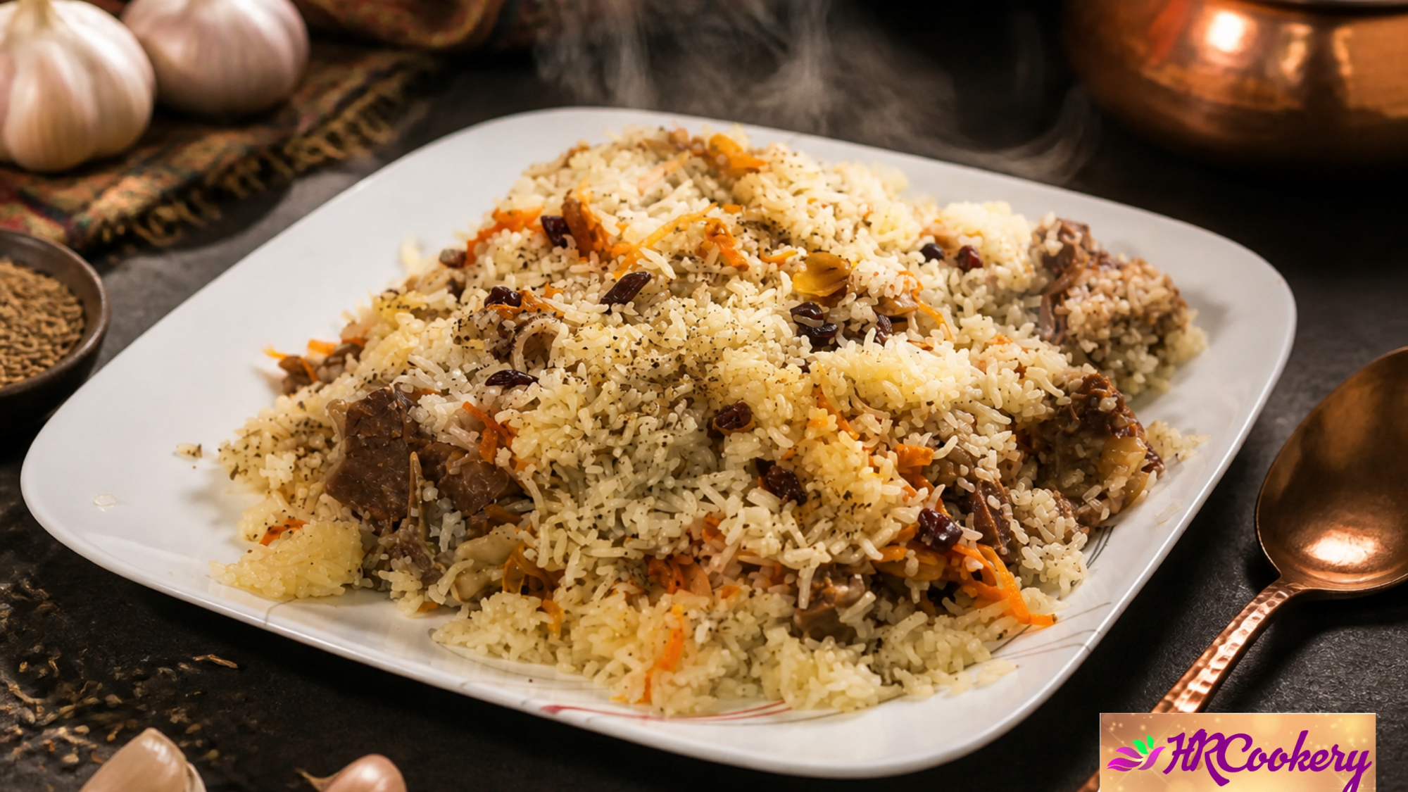 Kabuli Pulao with tender beef, fluffy basmati rice, carrots, and raisins served on a white platter