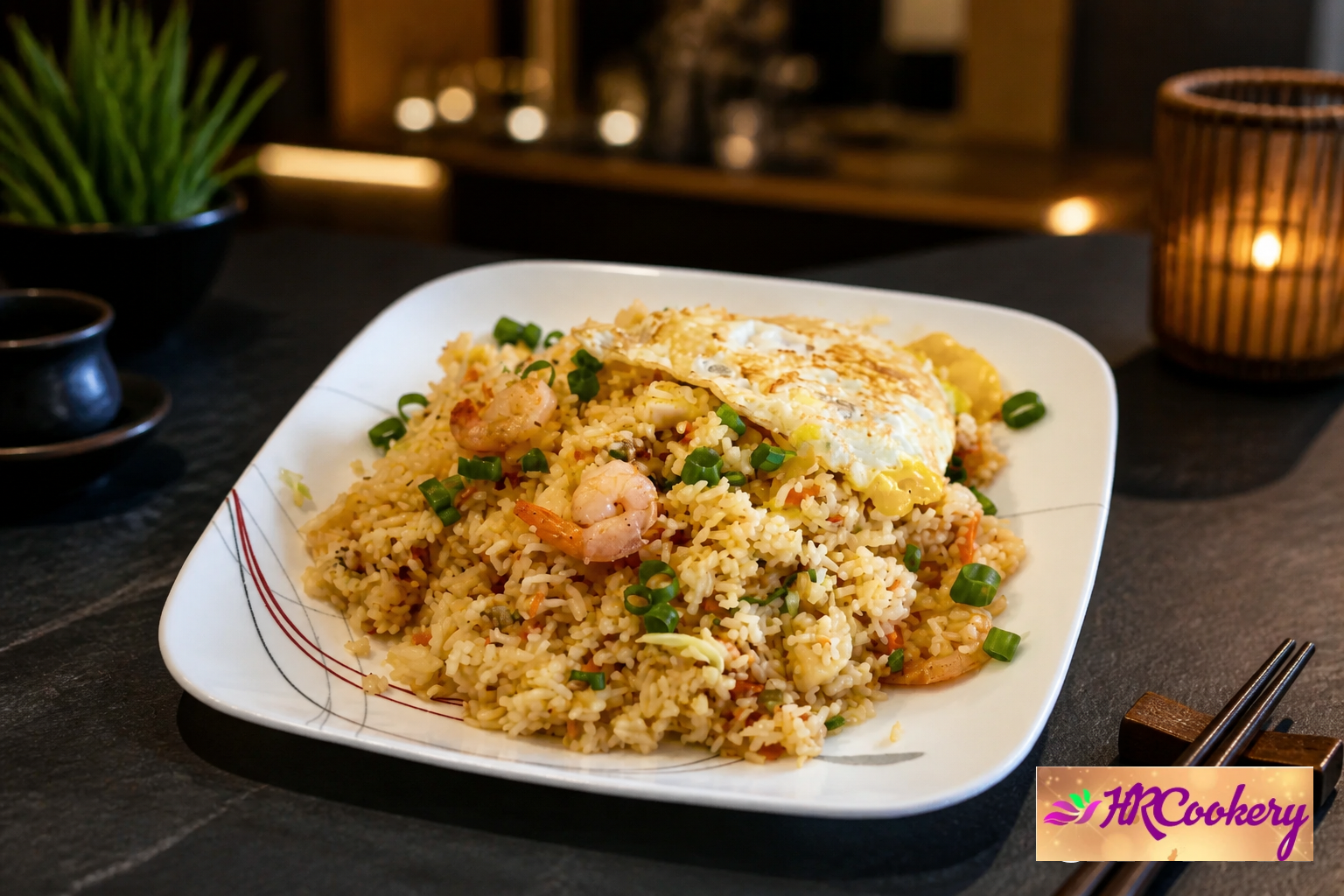 Nasi Goreng fried rice with shrimp, vegetables, green onions, and a fried egg served on a white plate.