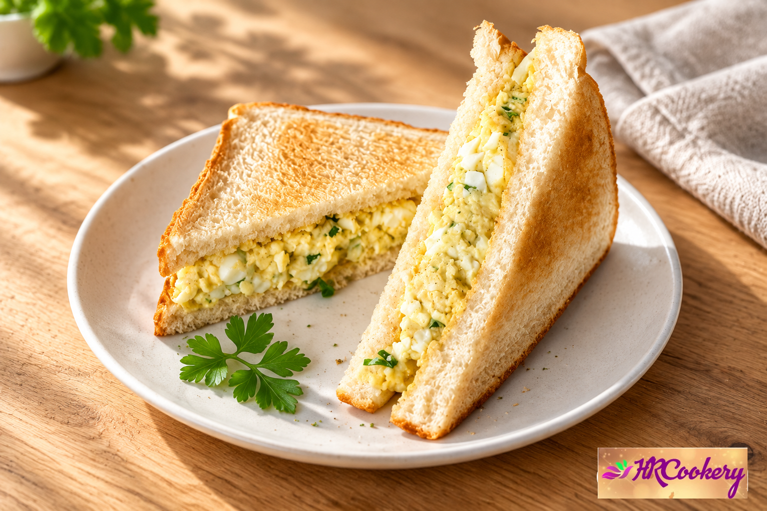 Golden grilled sandwich filled with creamy hard boiled egg salad, served warm and crispy.