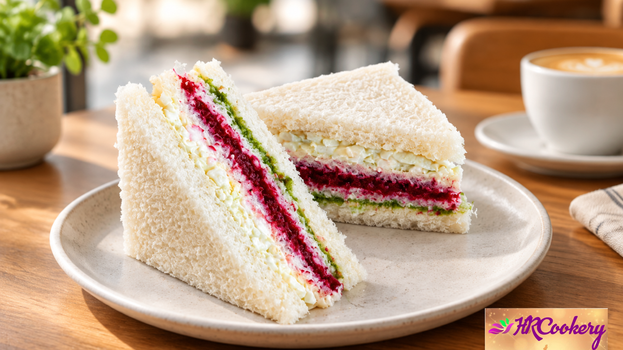 Sri Lankan ribbon sandwiches with colorful layers of creamy egg, beetroot, and green herb filling served on a plate.