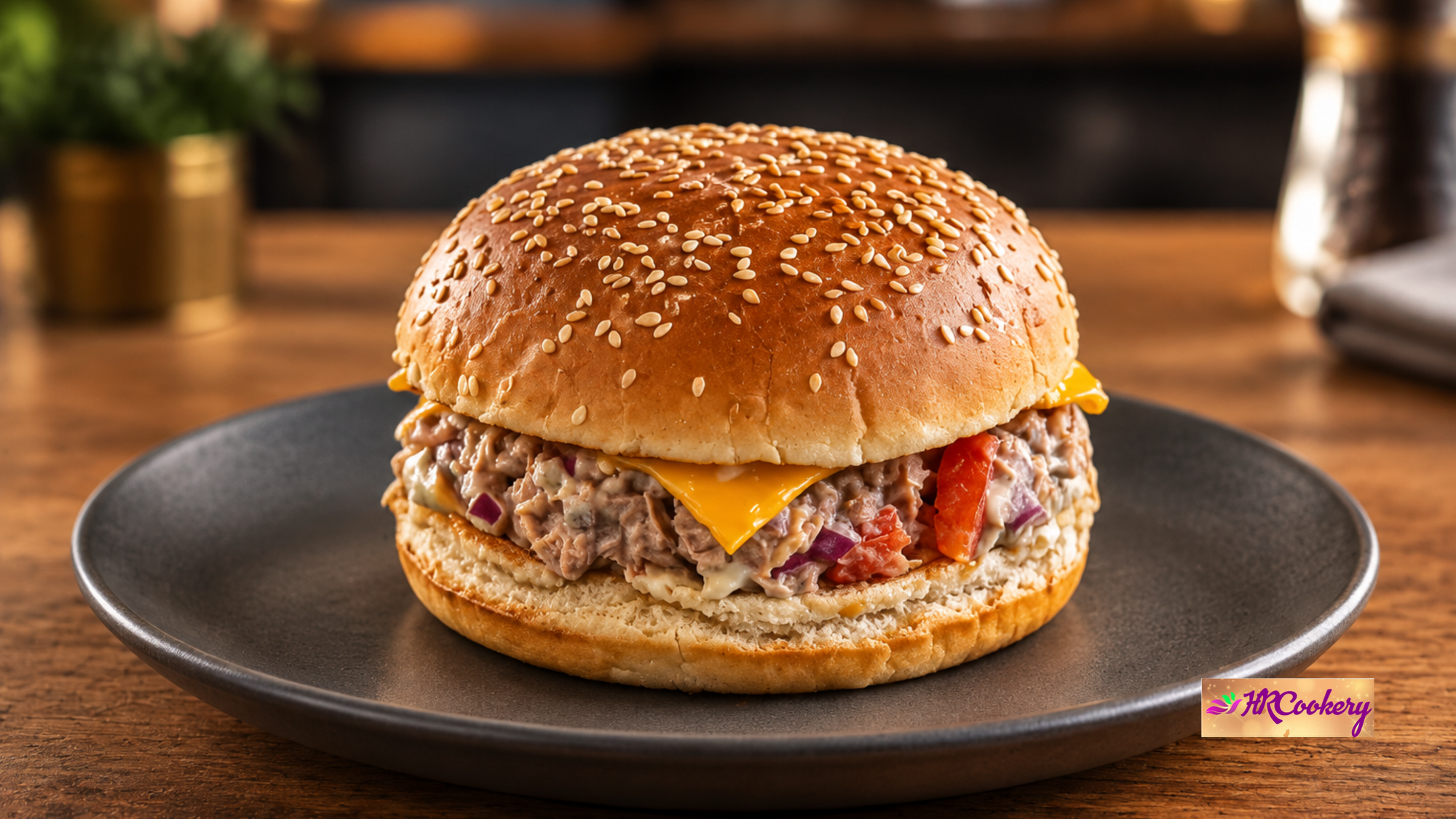 Barbecue tuna sandwich with creamy tuna filling, cheddar cheese, fresh vegetables, and barbecue sauce on a toasted sesame bun.