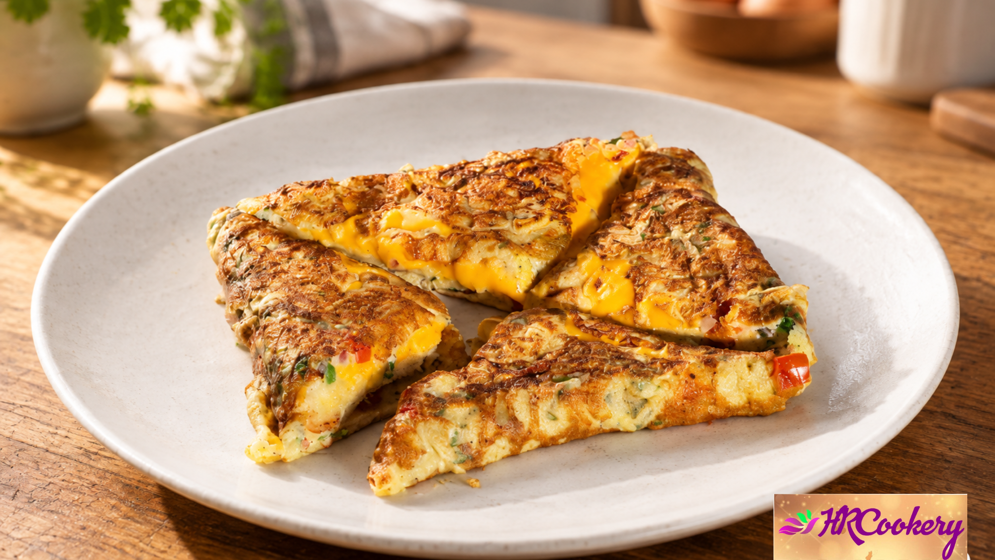 Sliced cheesy bread omelet with vegetables and golden-brown eggs