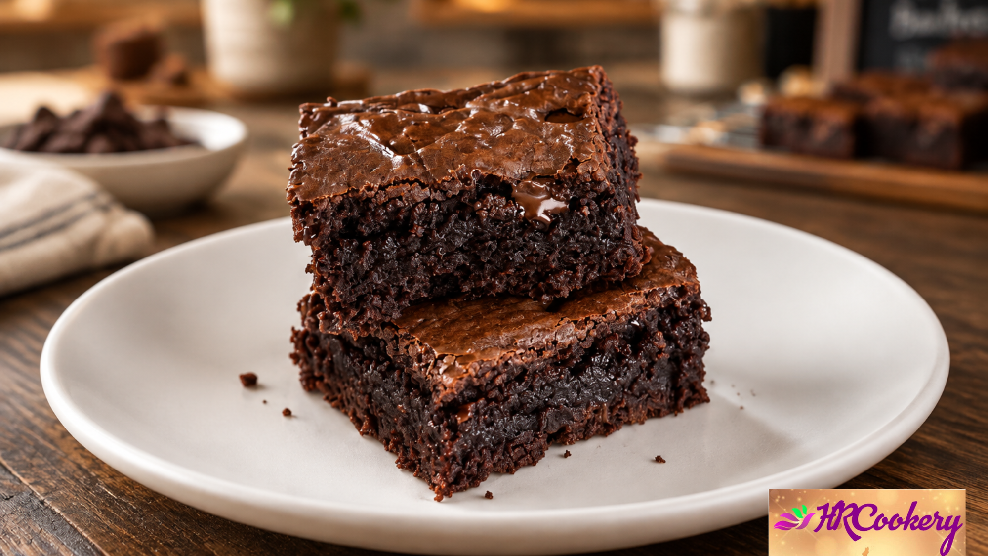 Two rich homemade chocolate brownies stacked on a white plate, showing a moist, fudgy interior and crackly tops.