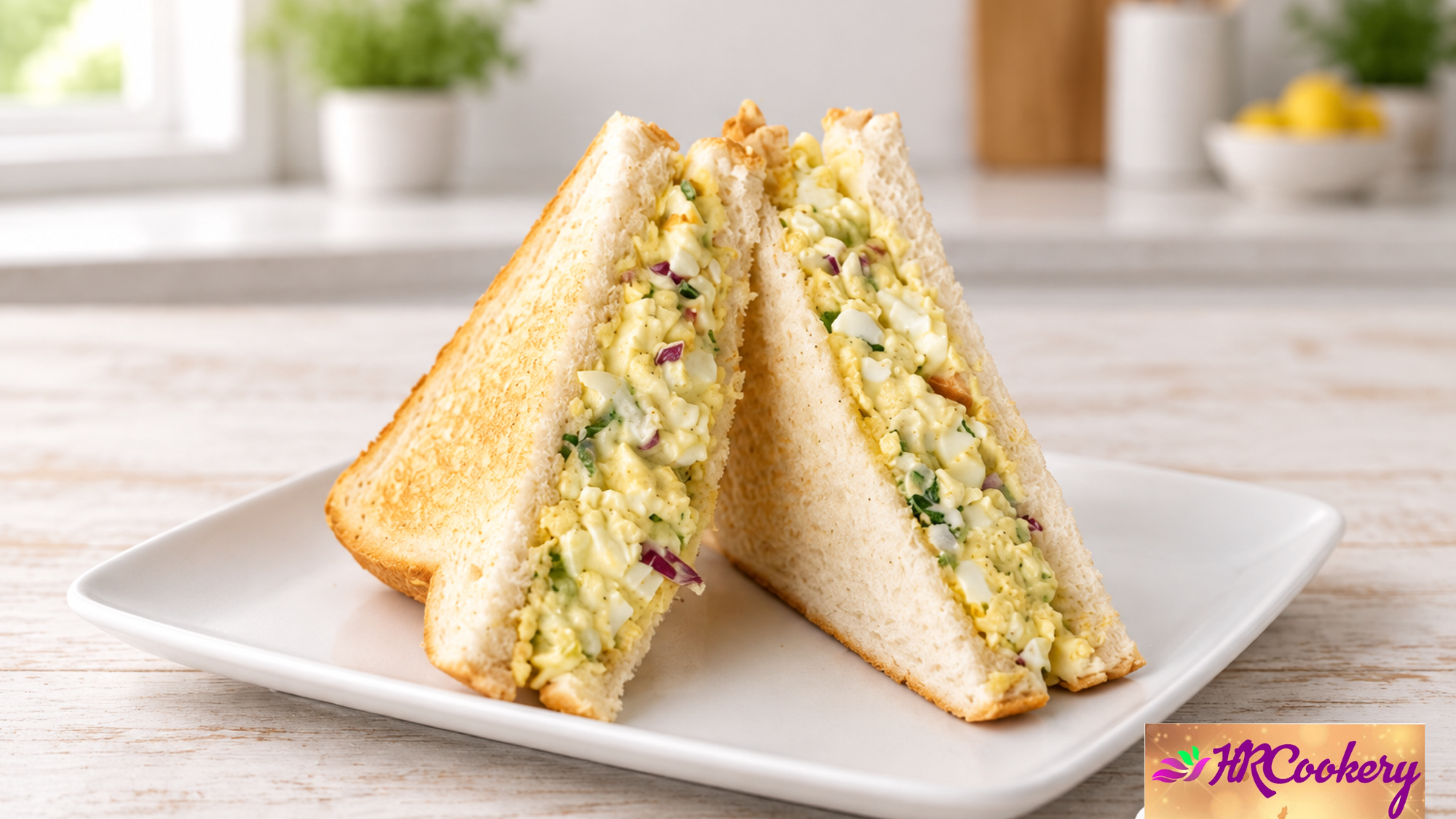 Ultimate farmhouse egg salad sandwiches made with creamy egg salad, red onion, herbs, and toasted white bread on a white plate.